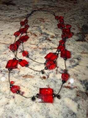 Red Multi-Strand Geometric Bead Necklace